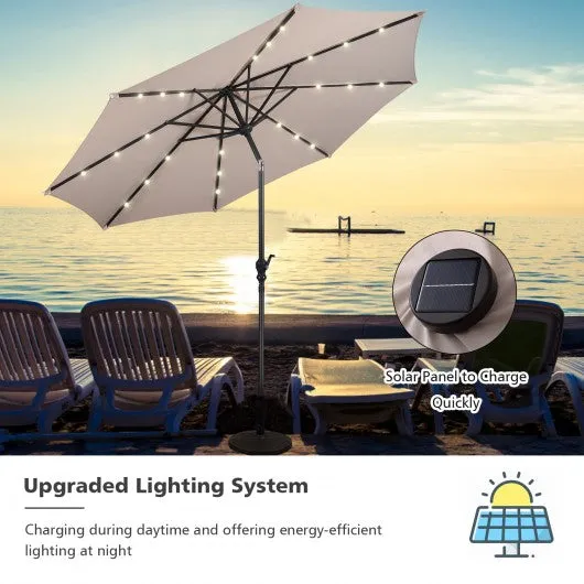 10FT Patio Solar Umbrella LED Patio Market Steel Tilt W/ Crank Outdoor New-beige