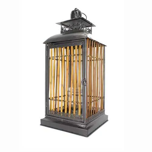 11" X 11" X 28.5" Gray with Distressed Wood Bamboo Metal Glass Glass Lantern