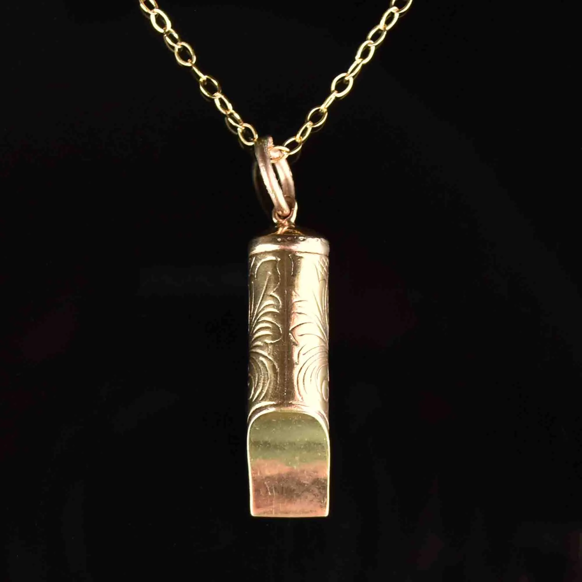 Antique Gold Engraved Working Whistle Pendant Necklace