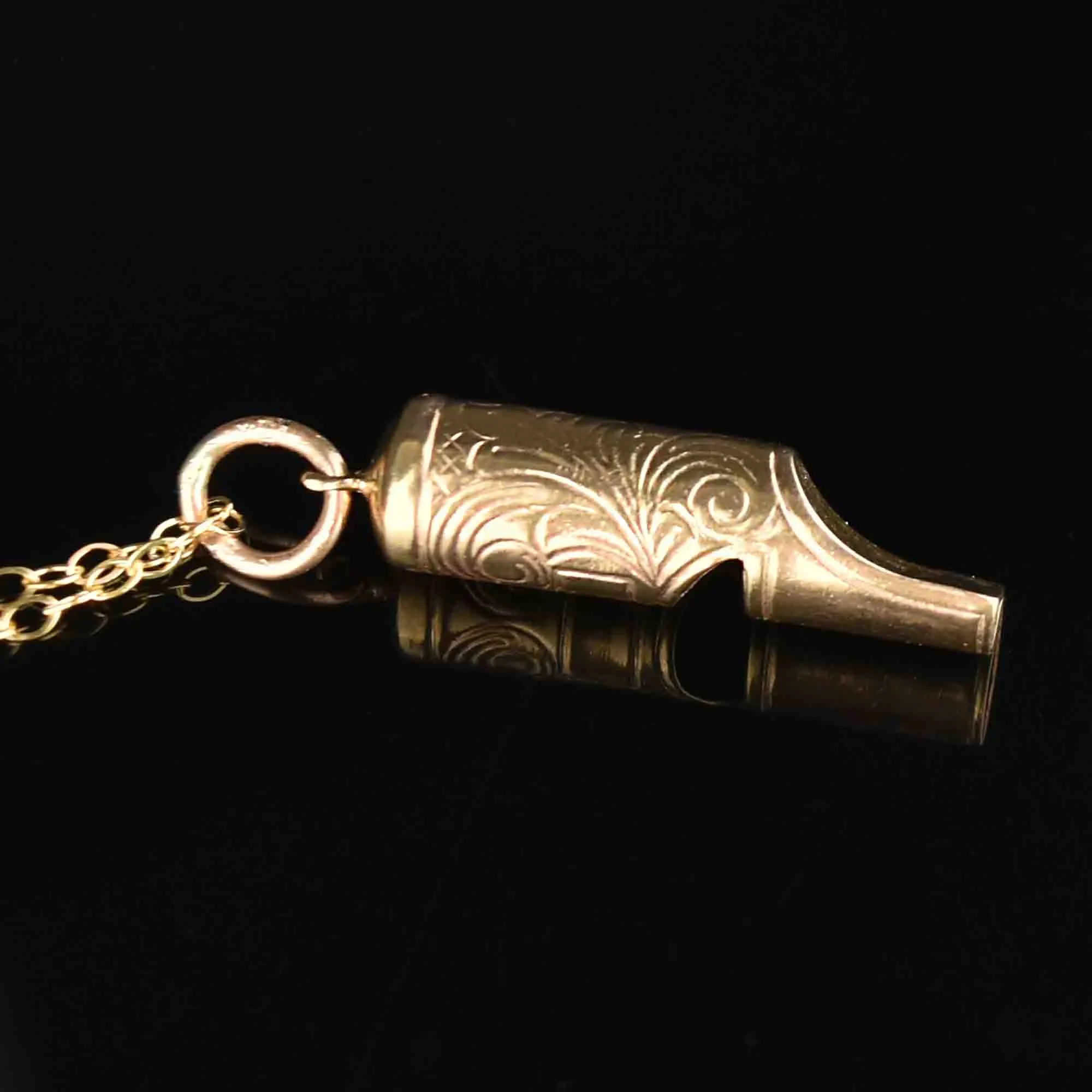 Antique Gold Engraved Working Whistle Pendant Necklace