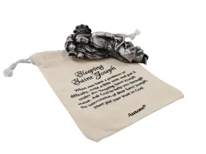 Autom Sleeping Saint Joseph Statue with Canvas Bag and Printed Prayer, Silver Tone, 3.5 Inches