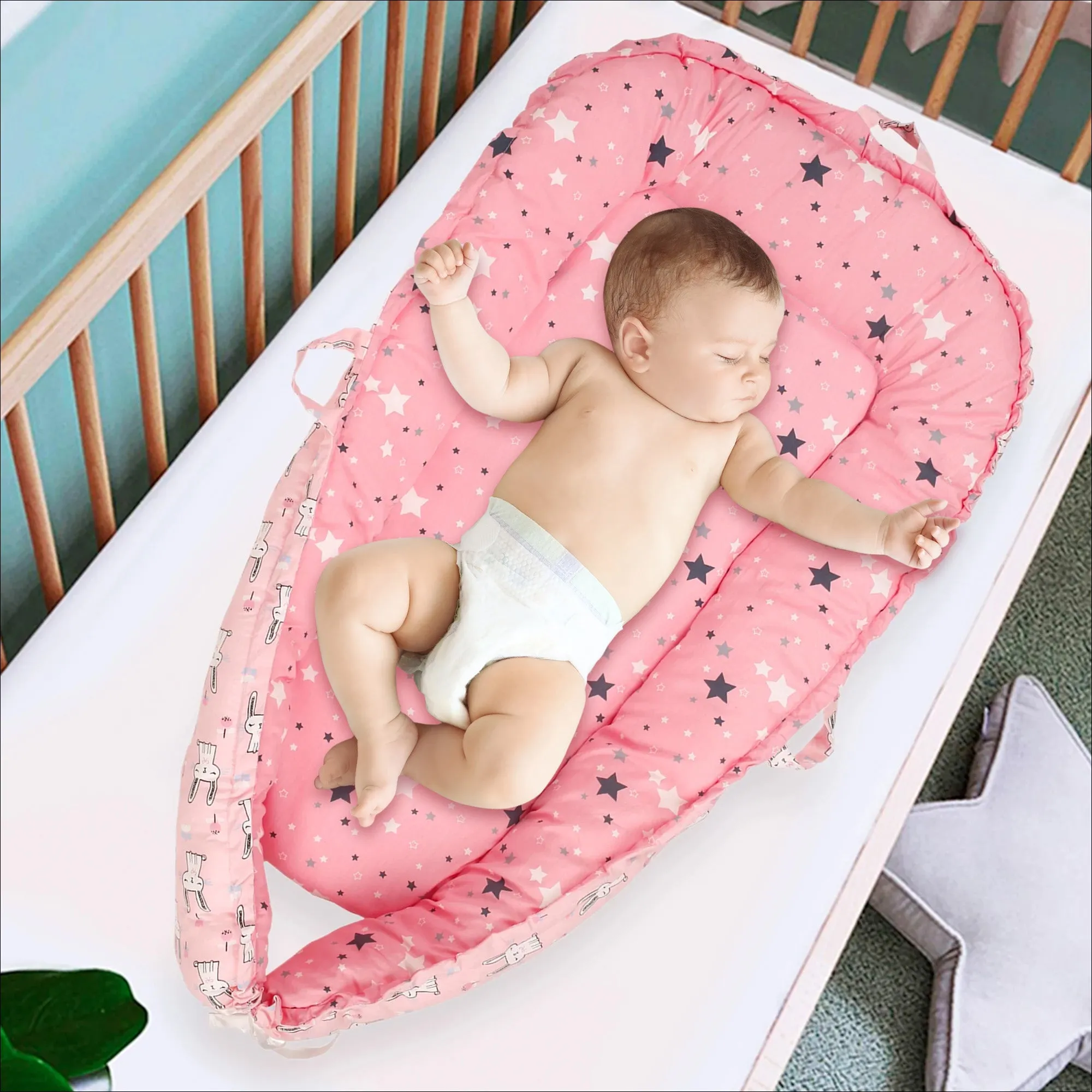 Baby Bed Cum Carry Nest Star And Rabbit Pink