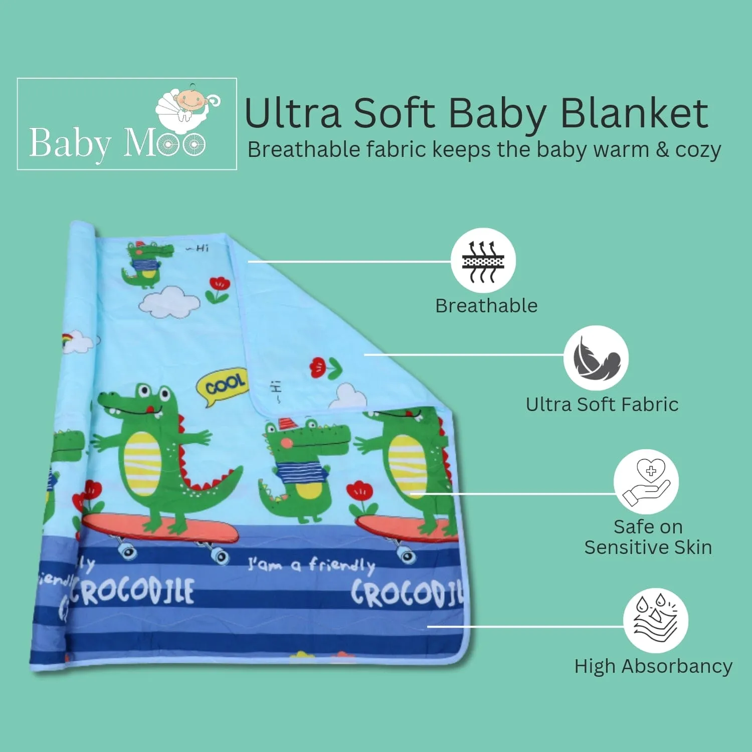 Baby Moo Cool Crocodile Soft Quilted Premium Reversible Blanket - Blue