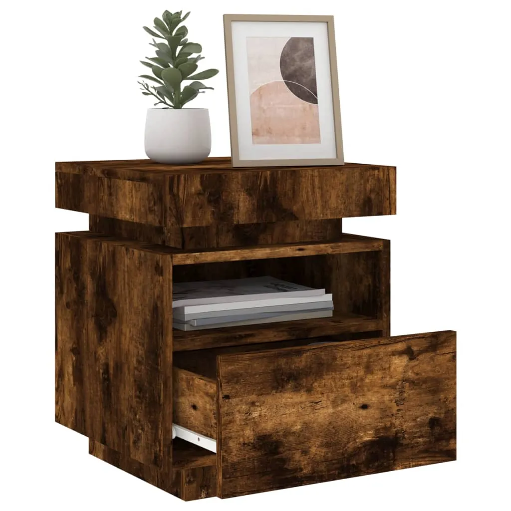 Bedside Cabinet with LED Lights Smoked Oak 40x39x48.5 cm