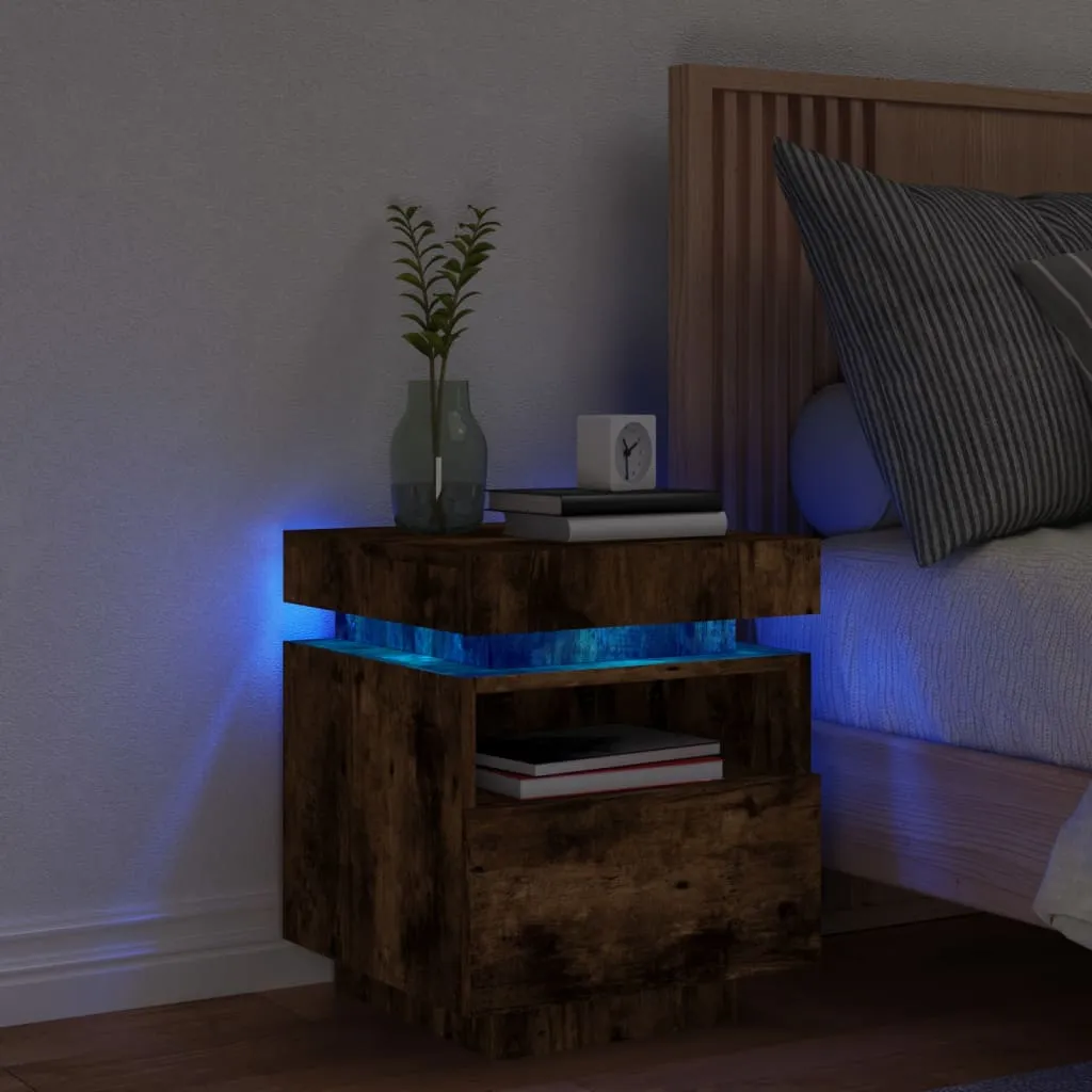 Bedside Cabinet with LED Lights Smoked Oak 40x39x48.5 cm