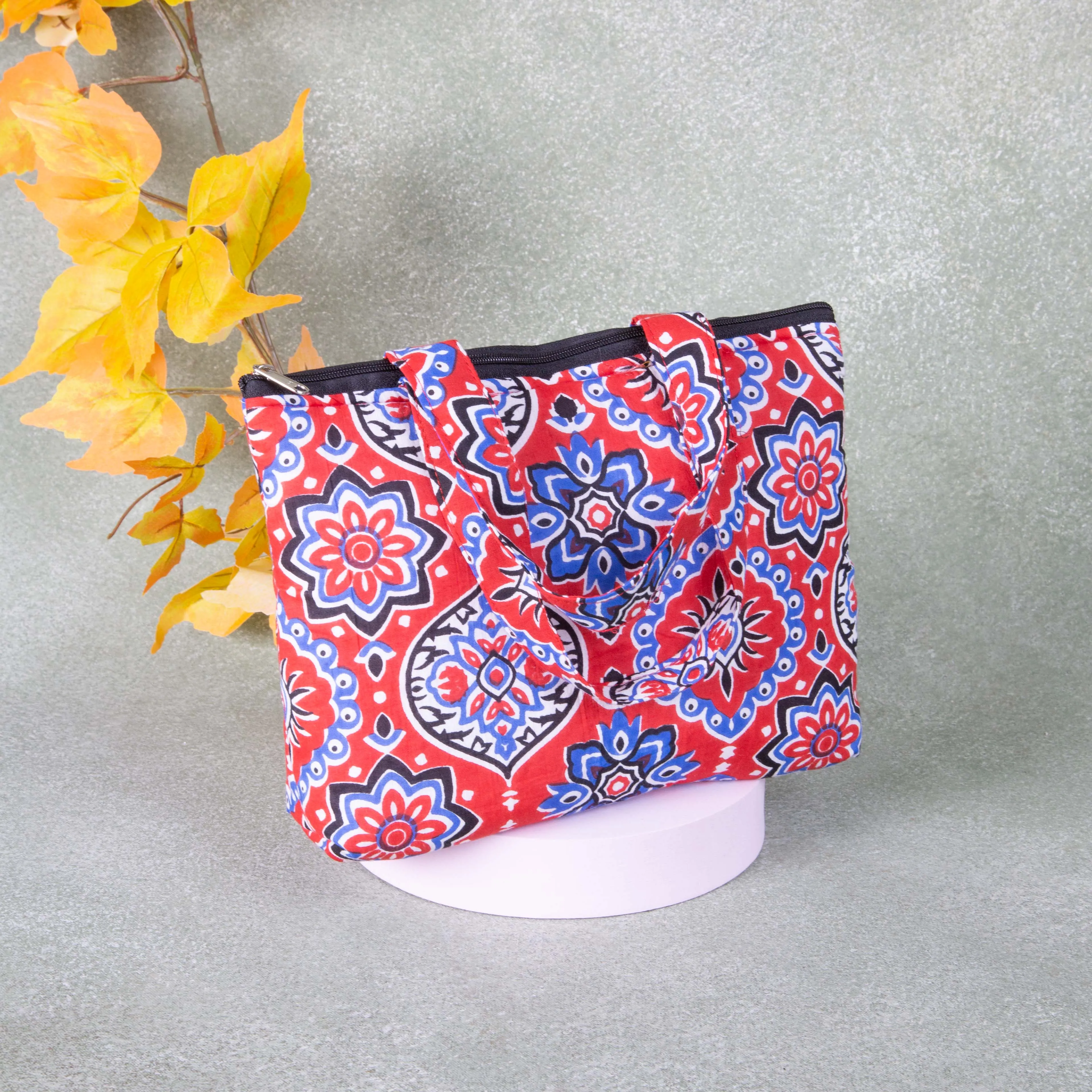 Bristlefront everyday handy bags Red Colour with Blue Colour Flower Design.