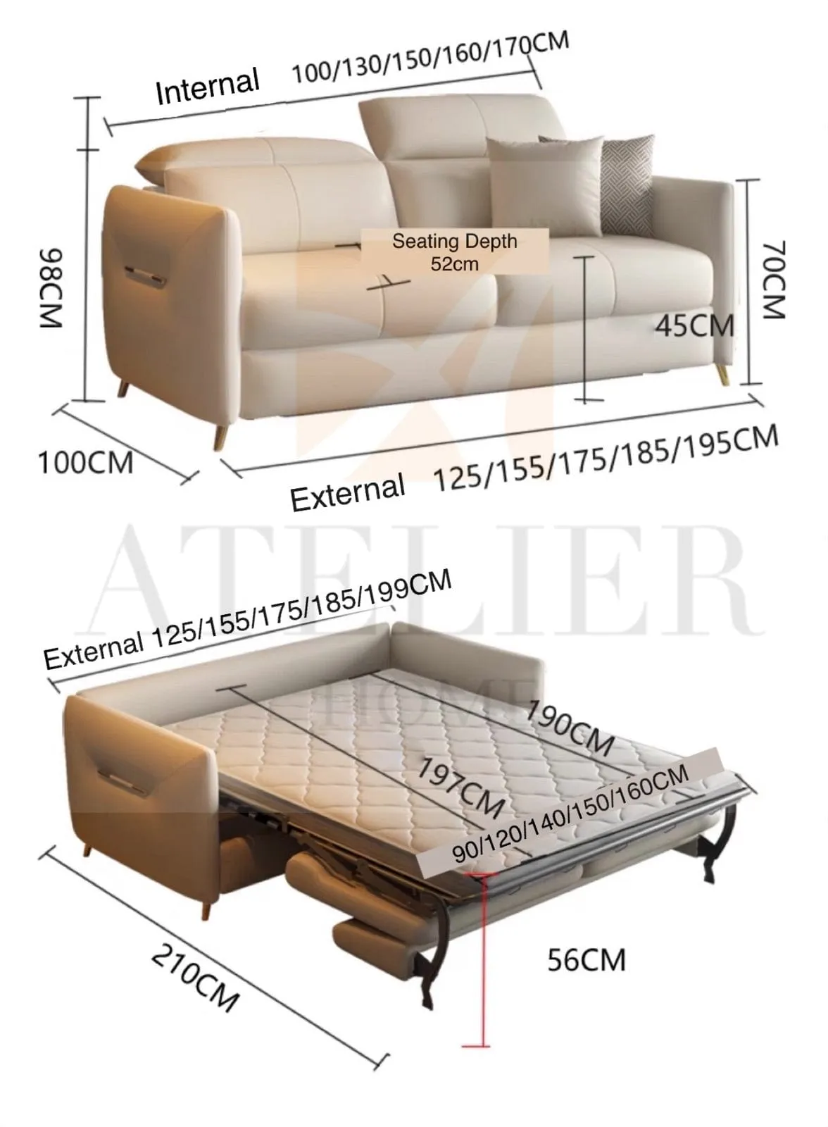 Carmen Scratch Resistant Leather Foldable Sofa Bed with Mattress