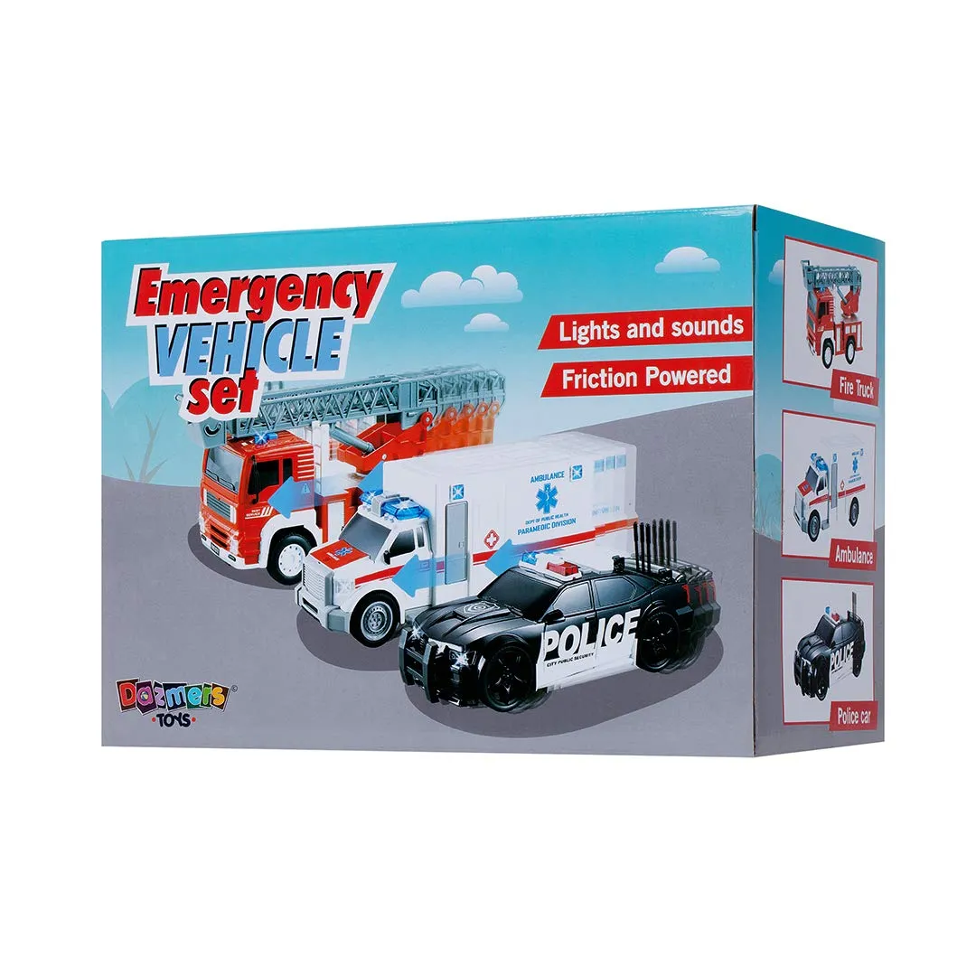 Friction Powered City Hero Play Set Including Fire Engine Truck, Ambulance, Police Car