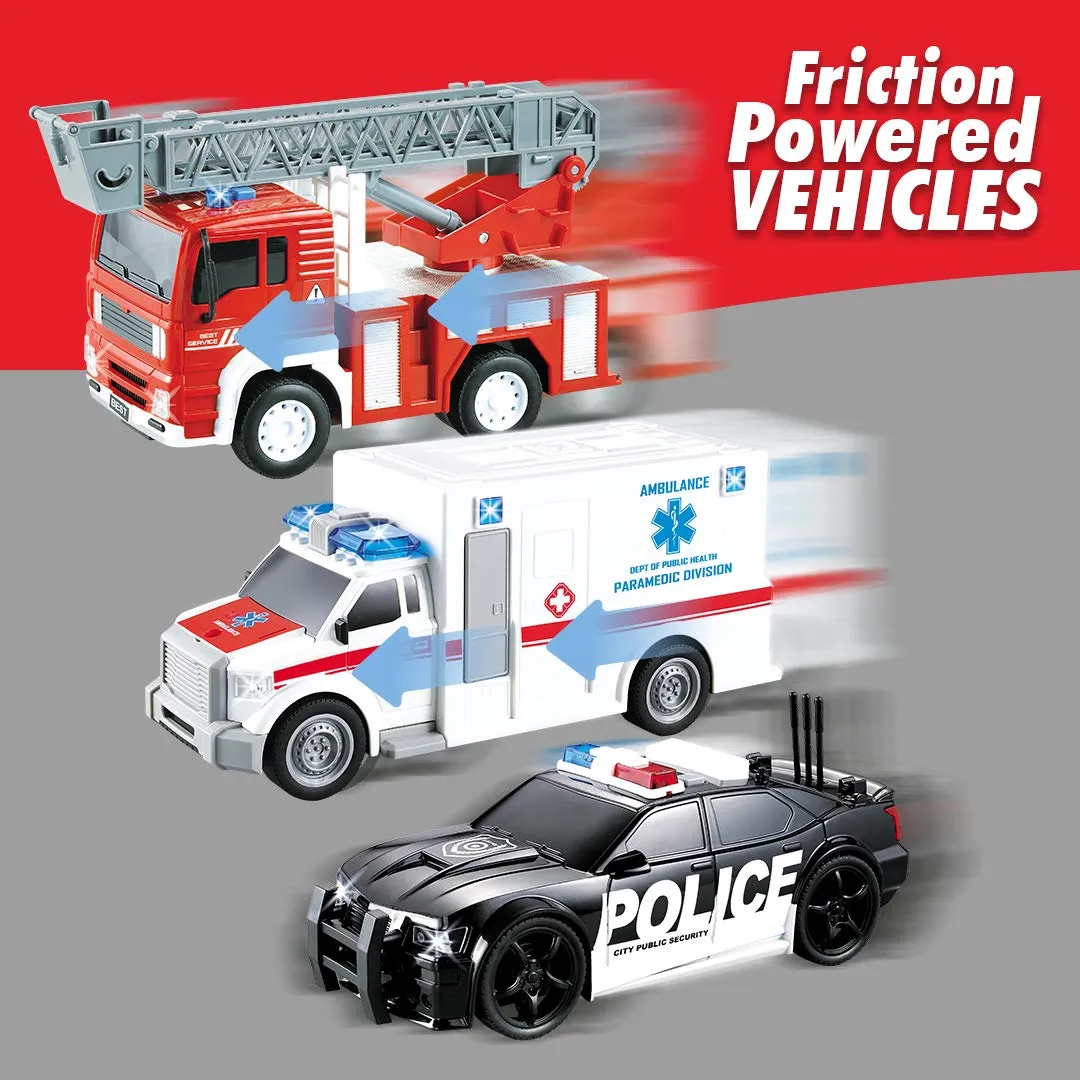 Friction Powered City Hero Play Set Including Fire Engine Truck, Ambulance, Police Car