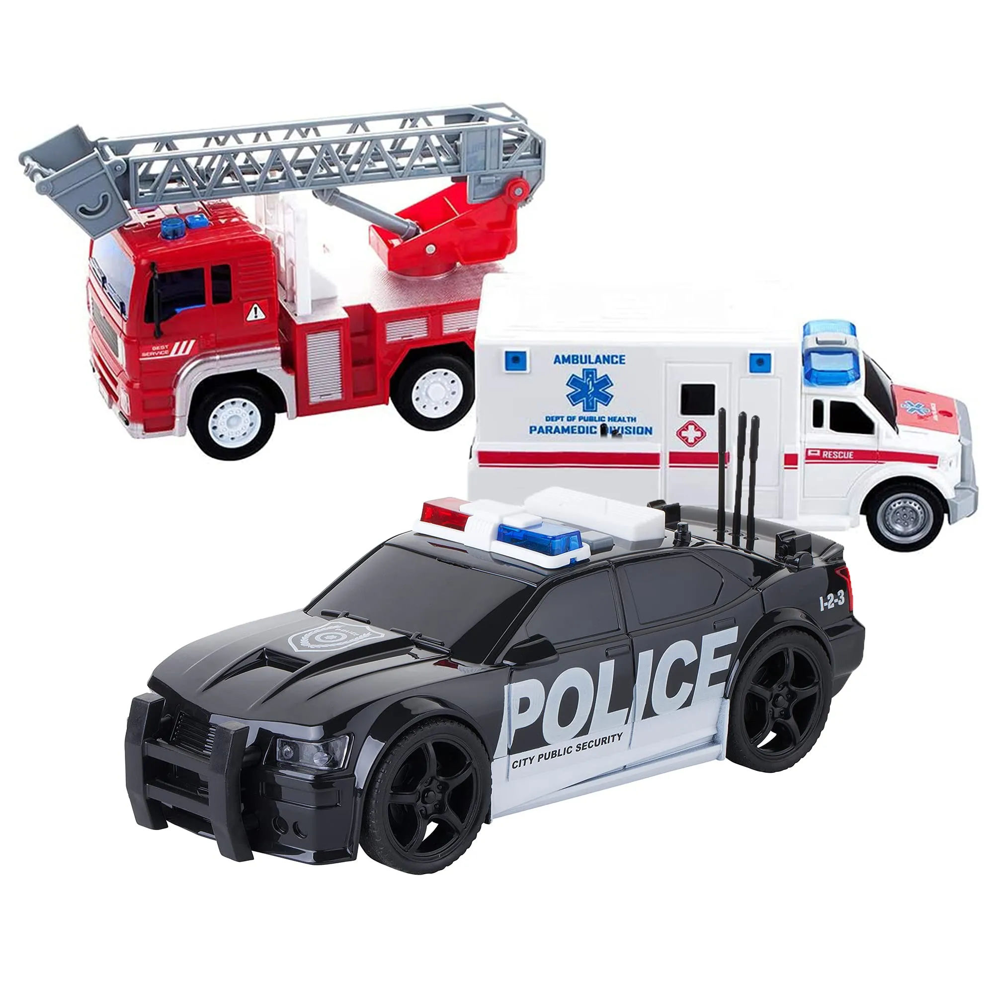 Friction Powered City Hero Play Set Including Fire Engine Truck, Ambulance, Police Car