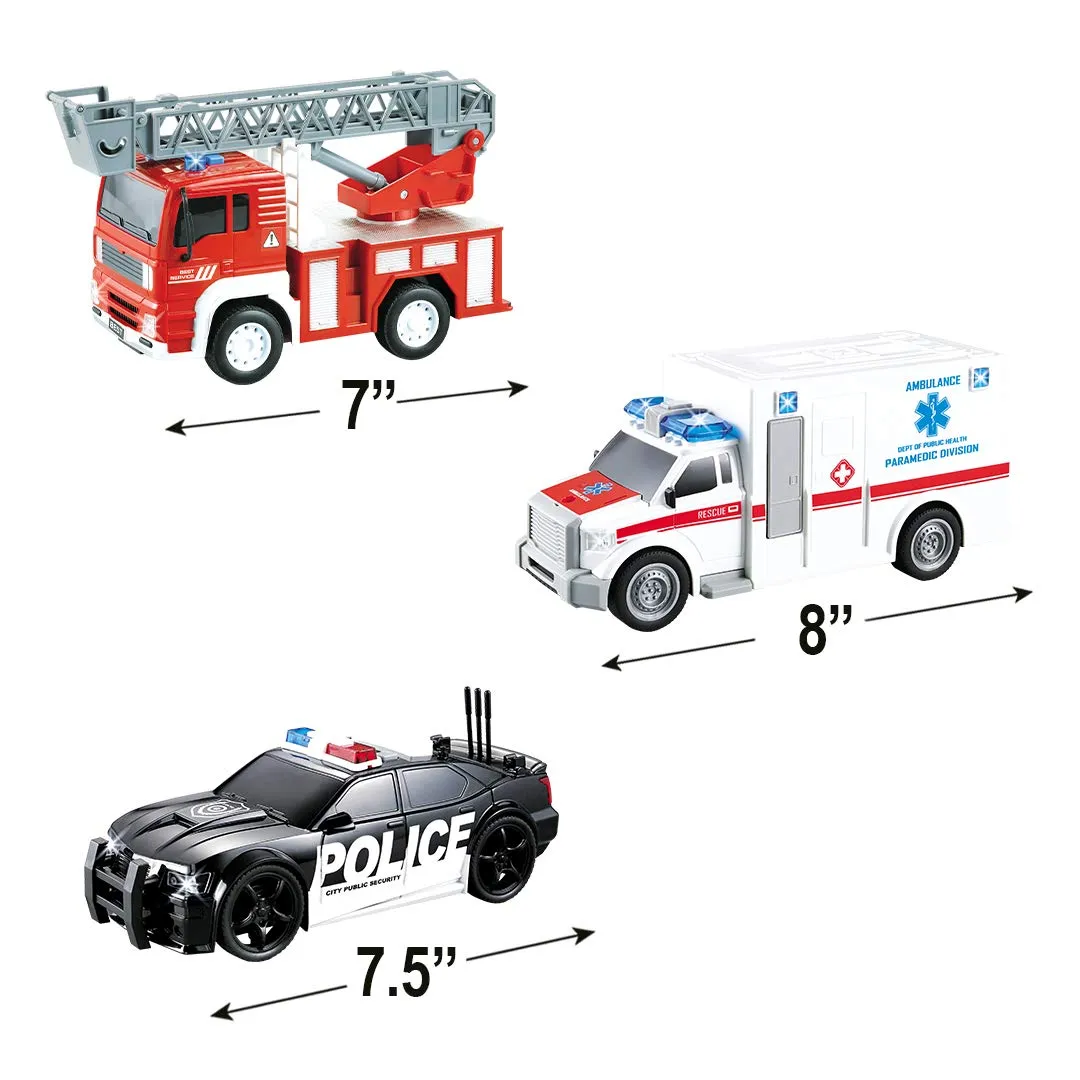 Friction Powered City Hero Play Set Including Fire Engine Truck, Ambulance, Police Car