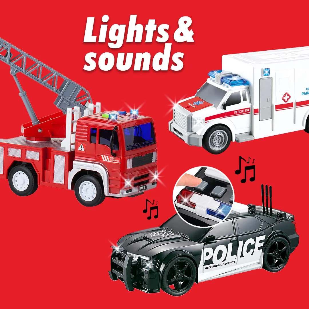 Friction Powered City Hero Play Set Including Fire Engine Truck, Ambulance, Police Car