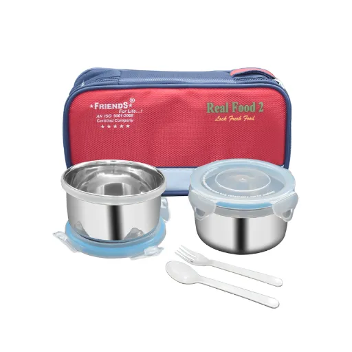 FRIENDS Stainless Steel 2 Container Lunch Box Leak Proof Tiffin Box And Bag