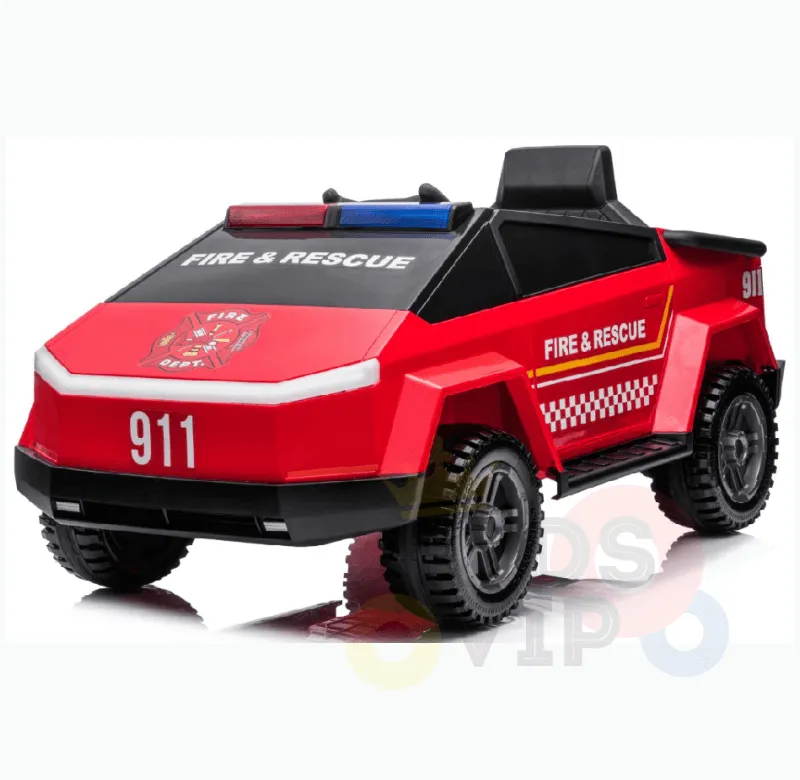 KidsVIP Kids Ride on Fire Truck 12V Battery Powered Electric 4x4 AWD Remote Control Car: Rubber Wheels, 1 Leather Seat, Emergency Siren, Music Player, Lights