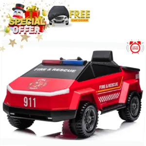 KidsVIP Kids Ride on Fire Truck 12V Battery Powered Electric 4x4 AWD Remote Control Car: Rubber Wheels, 1 Leather Seat, Emergency Siren, Music Player, Lights