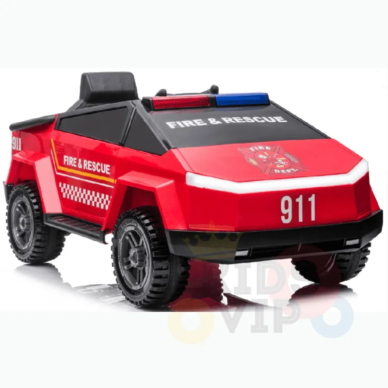 KidsVIP Kids Ride on Fire Truck 12V Battery Powered Electric 4x4 AWD Remote Control Car: Rubber Wheels, 1 Leather Seat, Emergency Siren, Music Player, Lights