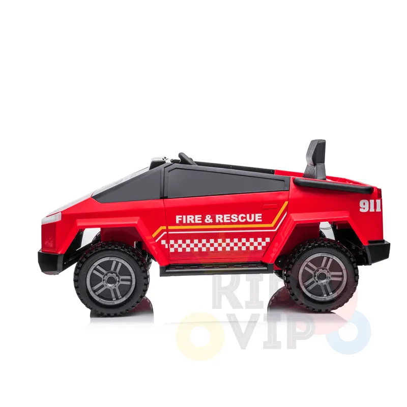 KidsVIP Kids Ride on Fire Truck 12V Battery Powered Electric 4x4 AWD Remote Control Car: Rubber Wheels, 1 Leather Seat, Emergency Siren, Music Player, Lights