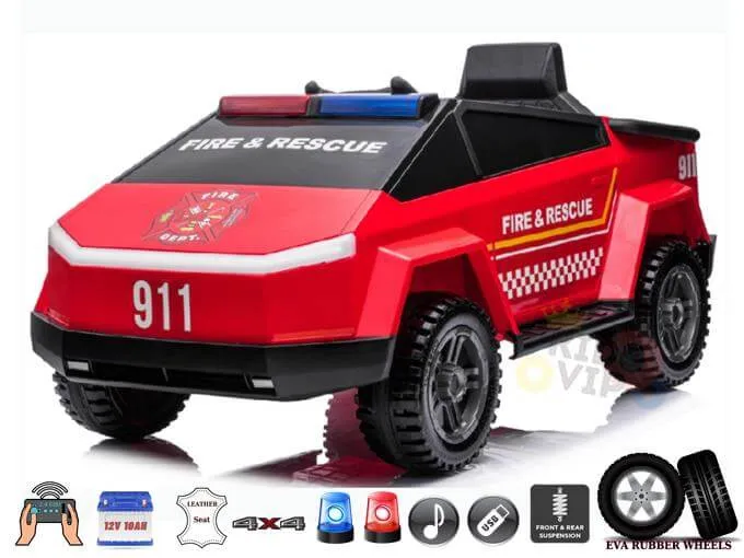 KidsVIP Kids Ride on Fire Truck 12V Battery Powered Electric 4x4 AWD Remote Control Car: Rubber Wheels, 1 Leather Seat, Emergency Siren, Music Player, Lights