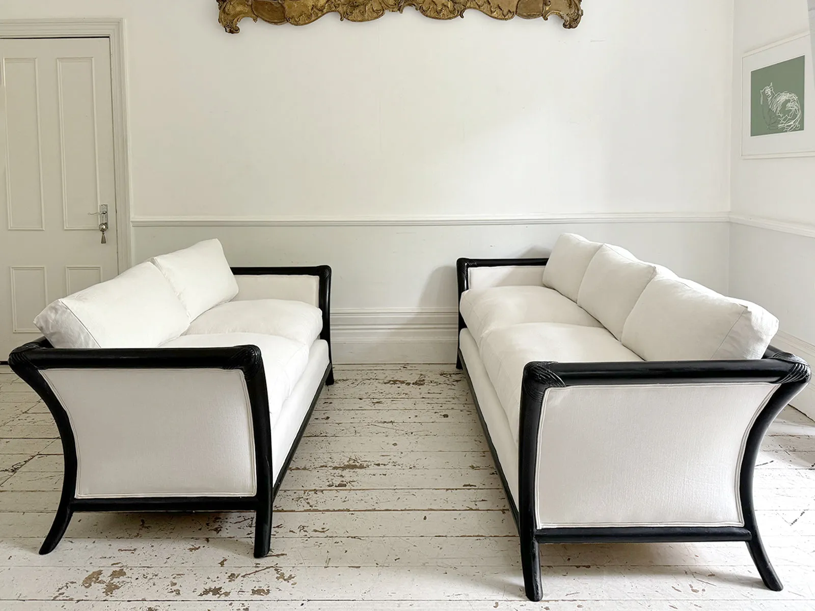 Matching Napoleon III Ebonised Sabre Legged Sofas - Three Seat