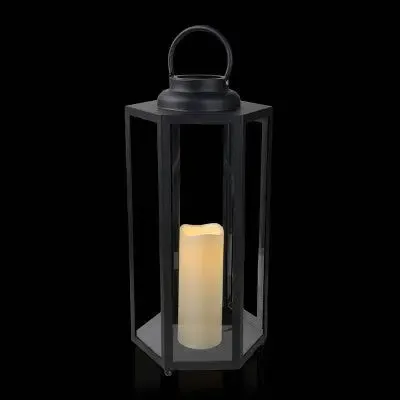 Open Box - 18" Hexagonal Candlelit Iron Lantern with LED Lights Black/Warm White - Alpine Corporation