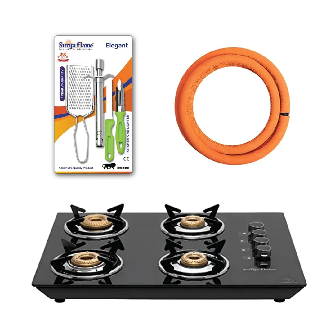 Surya Flame Apollo Round Hob Top 4 Burners Manual Glass Stove | LPG Gas Dual Layer Rubber Hose Pipe 1.5M | Elegant Gas Stove Lighter With Knife, Peeler Knife and Shredder (Pack of 4)