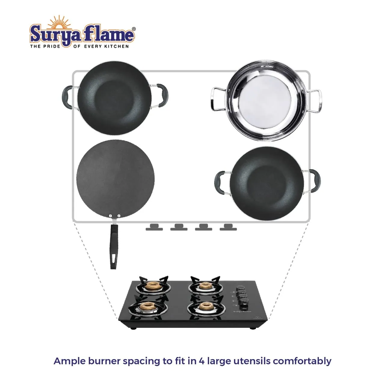 Surya Flame Apollo Round Hob Top 4 Burners Manual Glass Stove | LPG Gas Dual Layer Rubber Hose Pipe 1.5M | Elegant Gas Stove Lighter With Knife, Peeler Knife and Shredder (Pack of 4)