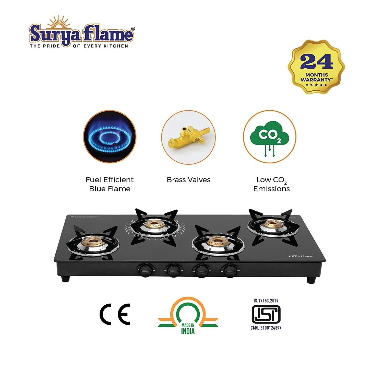 Surya Flame Lifestyle Gas Stove 4 Burners Glass Top | LPG Gas Dual Layer Rubber Hose Pipe 1.5M | Stainless Steel Elegant Gas Stove Lighter With Knife, Peeler Knife and Shredder (Pack of 4)