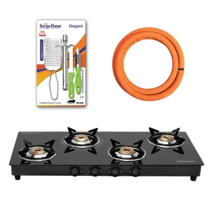 Surya Flame Lifestyle Gas Stove 4 Burners Glass Top | LPG Gas Dual Layer Rubber Hose Pipe 1.5M | Stainless Steel Elegant Gas Stove Lighter With Knife, Peeler Knife and Shredder (Pack of 4)