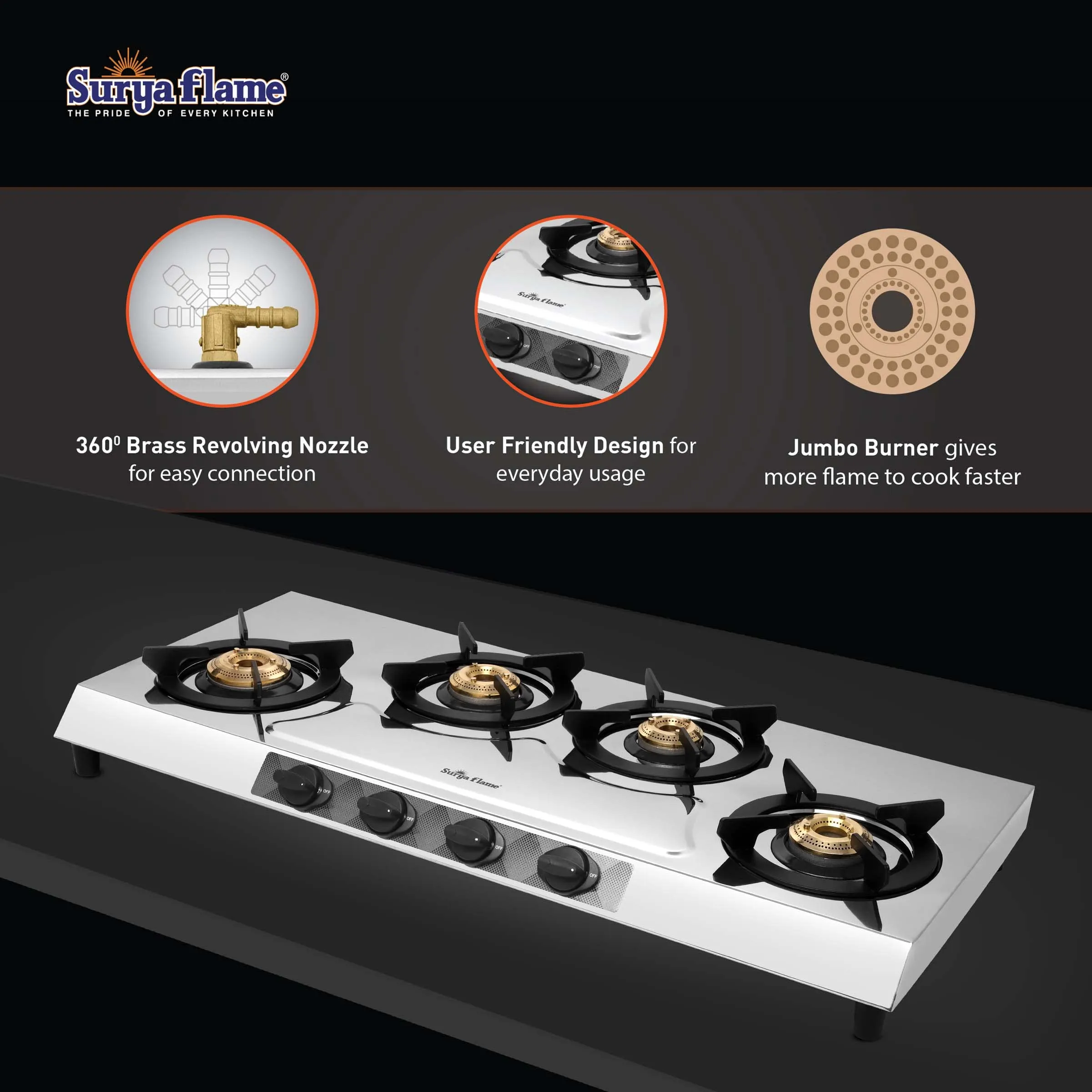 Surya Flame Olympus Gas Stove LPG Stove with Stainless Steel Pan Support Anti Skid Rubber Legs - 2 Years Complete Doorstep Warranty (4 Burner, 1)