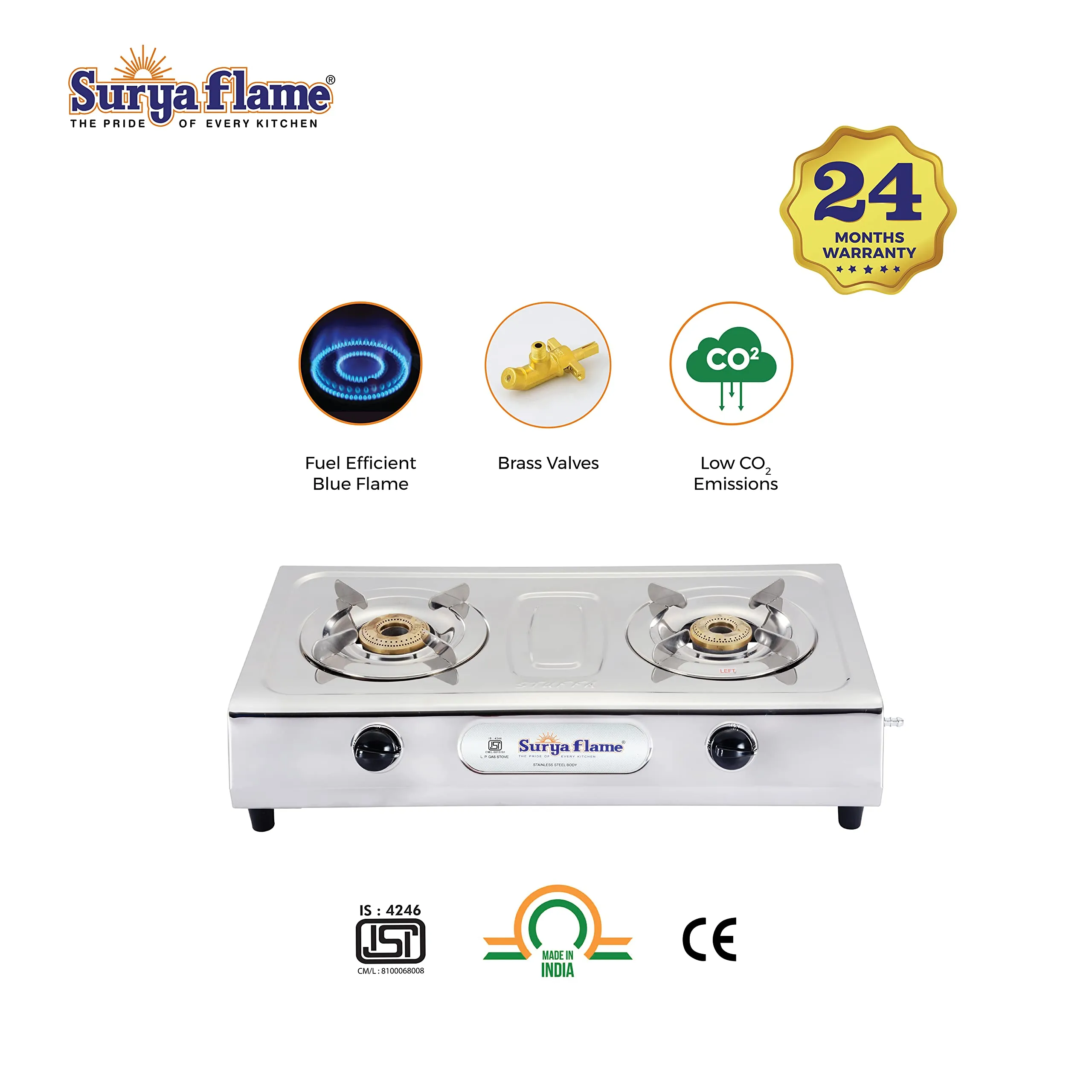 Surya Flame Ultimate 2-Burner Stainless Steel LPG Gas Stove with Stainless Steel Removable Pan Support and Steel Drip Tray, Auto Ignition, 2-Year Doorstep Warranty