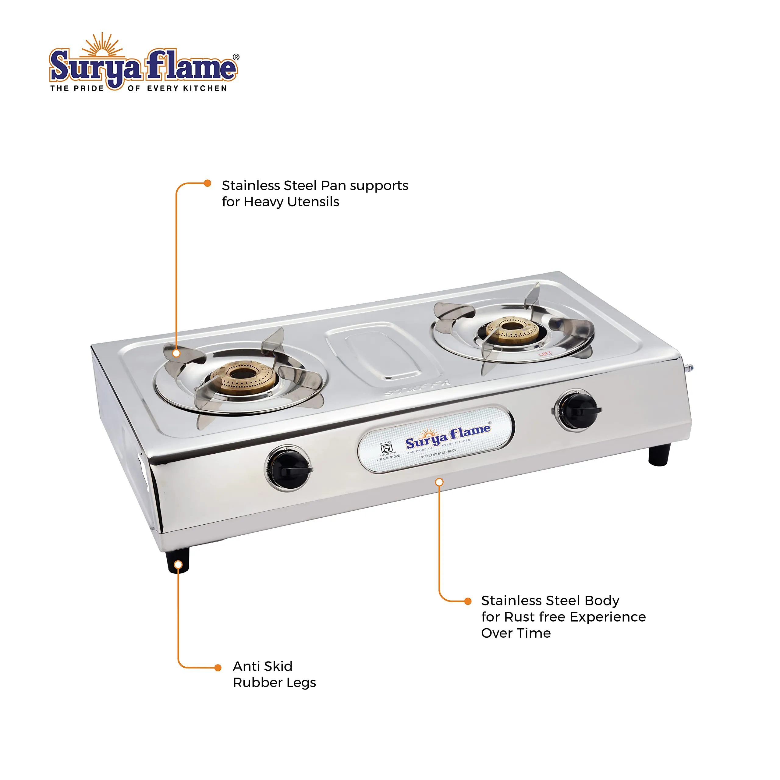 Surya Flame Ultimate 2-Burner Stainless Steel LPG Gas Stove with Stainless Steel Removable Pan Support and Steel Drip Tray, Auto Ignition, 2-Year Doorstep Warranty