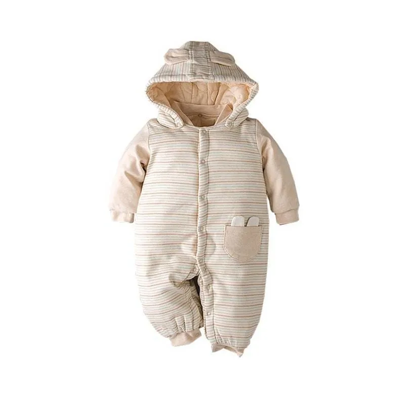 Unisex Strpied Hooded Soft Warm Sleeping Jumpsuit