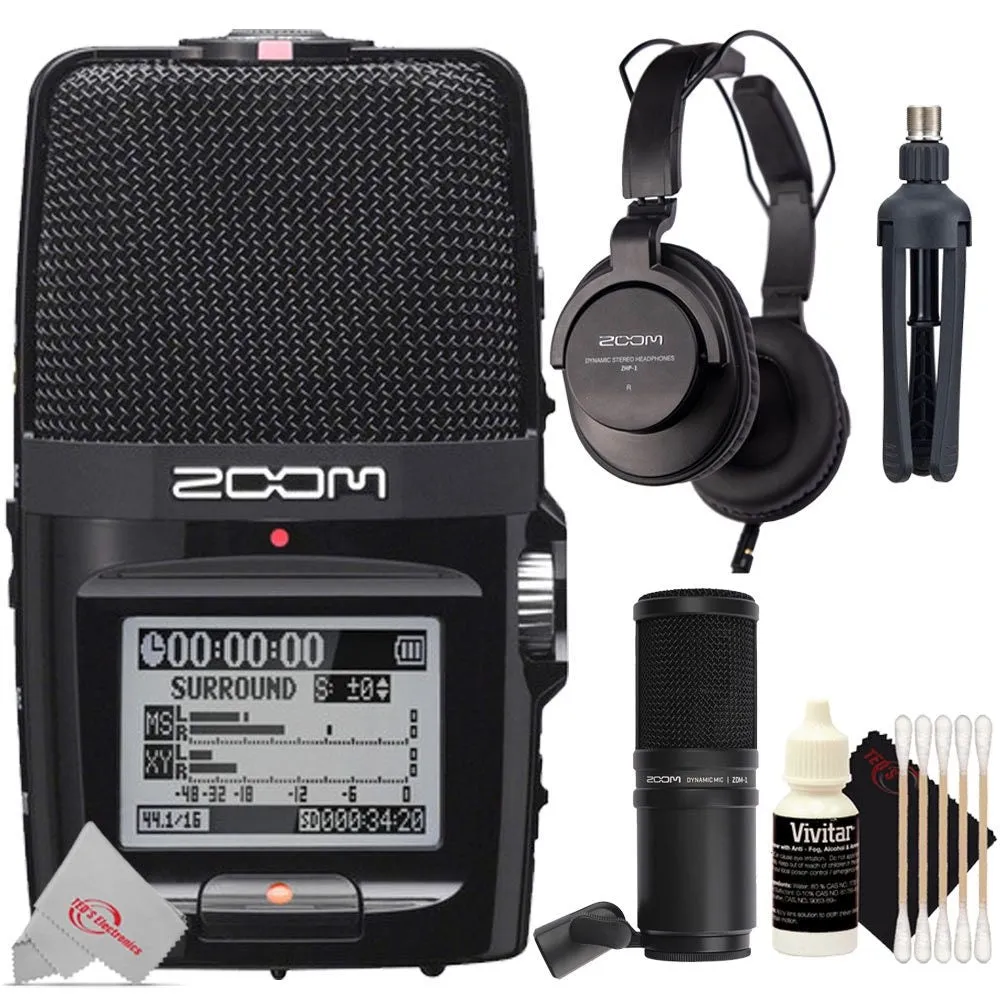 Zoom H2n ext 2-Input / 4 Track Handy Digital Audio Stereo Recorder   Zoom ZDM-1 Podcast Mic Pack Accessory Bundle   3pc Cleaning Kit